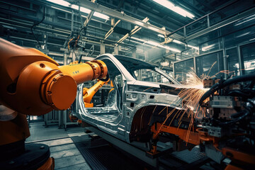 A Robotic Arm Welding the Chassis of a Car on the Assembly Line, generative ai