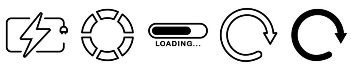 Conjunto de iconos de cargando y actualización. Progreso de carga, batería, actualizar, recargar página. Ilustración vectorial