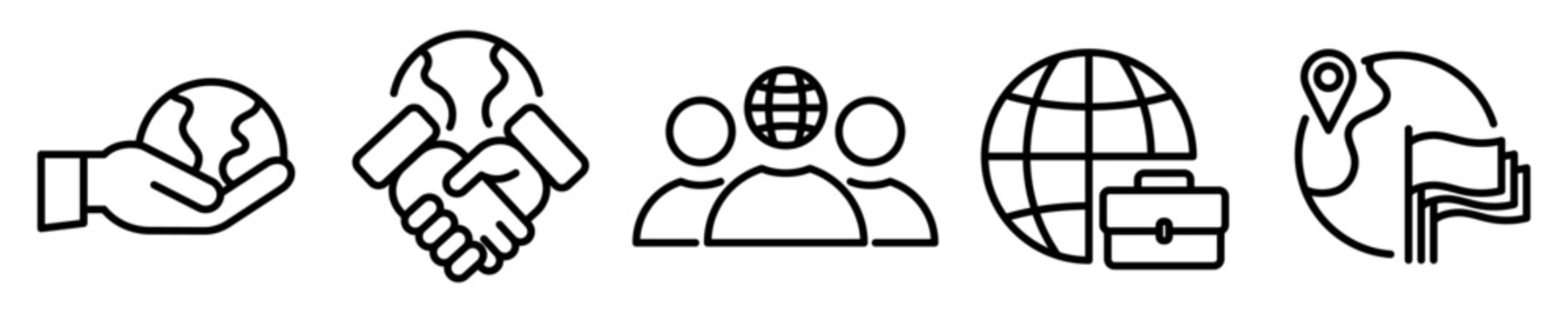 Conjunto de iconos de relaciones internacionales. Pol&iacute;tica, econom&iacute;a y cultural. Concepto de sistema internacional Ilustraci&oacute;n vectorial