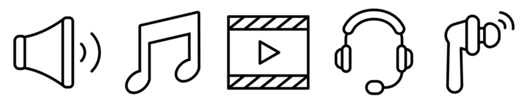 Conjunto de iconos de audio y video. Concepto de multimedia. Dispositivos tecnológicos de audio y video. Volumen, música. Ilustración vectorial