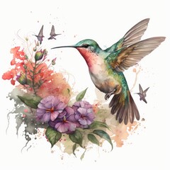 Obraz premium watercolor hummingbird flying and flowers, generative ai 