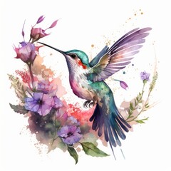 watercolor hummingbird flying and flowers, generative ai 
