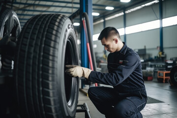 Fototapeta na wymiar A Technician Checking the Alignment of Car Tires in the Plant, generative ai