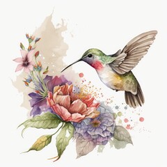watercolor hummingbird flying and flowers, generative ai 