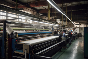 Obraz premium A textile weaving factory with workers operating looms to produce woven fabrics and textiles, generative ai