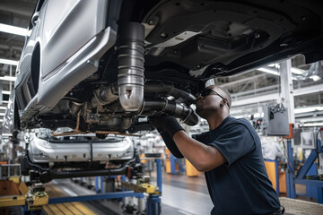 A Worker Installing a Car Exhaust System on the Assembly Line, generative ai