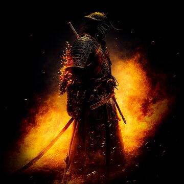 samurai with sword in flames created with Generative AI technology 