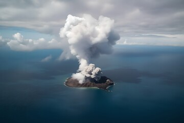 Obraz premium Volcano erupting, earthquake and natural disaster, huge smoke cloud, generative ai illustration