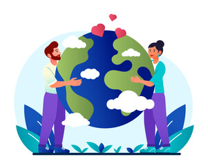 Naklejka na ściany i meble People with planet concept. Eco activists and volunteers. Caring for climate and fighting global warming. Nature and environment, sustainable lifestyle. Cartoon flat vector illustration