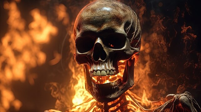 A terrifying skeletal figure wreathed in flames. digital art illustration, Generative AI