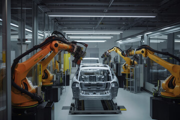 An automated assembly line in a car manufacturing plant with robotic arms assembling car parts to form a complete vehicle, generative ai