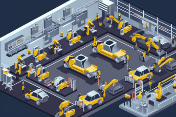 Assembly Line Producing Car Parts stylized wallpaper style, generative ai