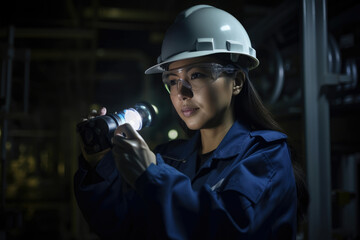 Asian woman petrochemical engineer examining pipeline valves in a large industrial facility, wearing safety gear and using a flashlight, generative ai