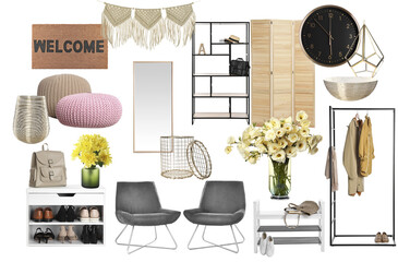 Interior design. Collage with different combinable furniture and decorative elements on white background