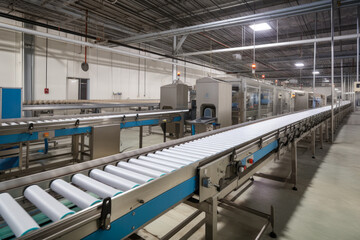Automated conveyor belt system moving products through a food processing and packaging facility, generative ai