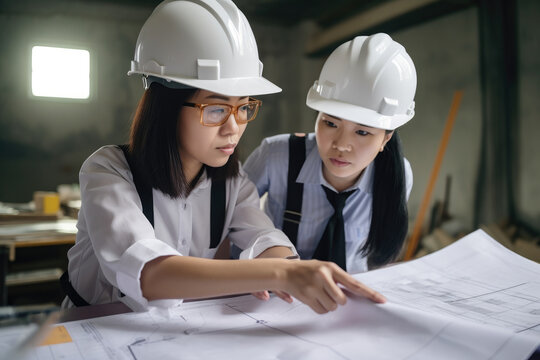 Asian female engineer discussing petrochemical plant blueprint with a colleague in an office, both wearing hard hats and safety vests, generative ai