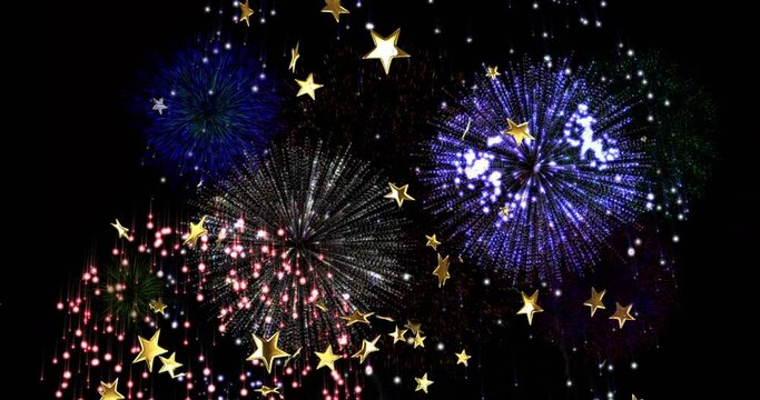 Animation of stars and fireworks exploding on black background