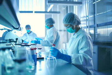 Biotechnology laboratory with scientists in lab coats conducting experiments, working with DNA samples, and advanced equipment, generative ai