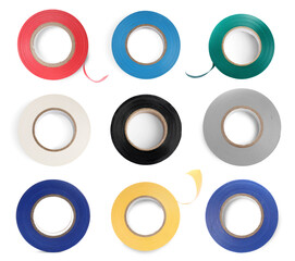 Set with insulating tapes in different colors on white background, top view
