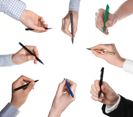 Men and women holding pens on white background, closeup. Collage design