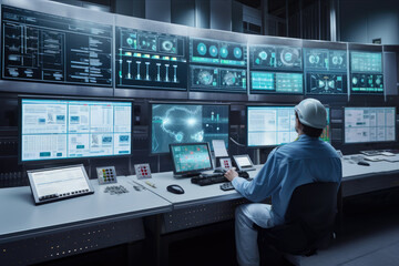 Busy scene inside a chemical industry plant control room, with workers in work clothes monitoring screens and adjusting dials on a large console, generative ai - obrazy, fototapety, plakaty