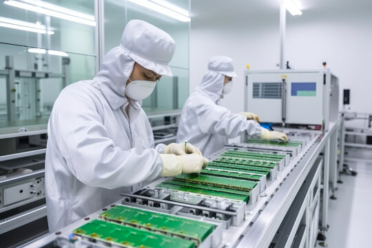 Battery production factory with workers assembling and inspecting lithium-ion batteries, ensuring quality and safety standards, generative ai