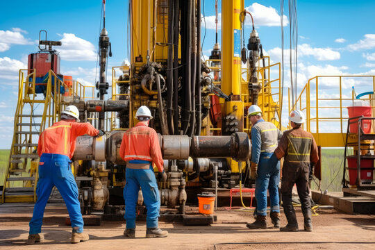 Busy oil and gas workers in safety gear maintaining and inspecting a drilling site with machinery and equipment, generative ai