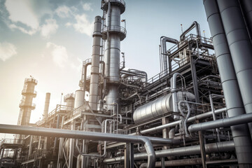 Chemical plant with large smokestacks emitting steam, workers in protective gear monitoring the production process, complex piping, generative ai