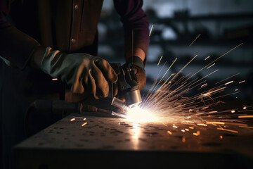 Close-up of a worker's hands in work clothes holding a welding torch, creating sparks in a manufacturing factory, generative ai