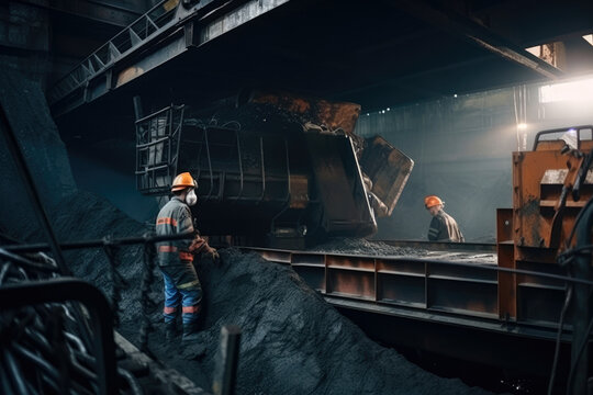 Coal mine with workers in protective gear and helmets, using heavy equipment to extract the resource, conveyor belts moving the coal, generative ai