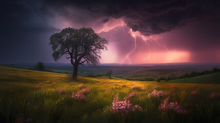 Fototapeta premium Thunderstorm. Lightning strikes in a rural area.