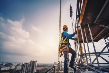 Construction worker wearing a safety harness and climbing a tower crane ladder at a high-rise building site, generative ai - obrazy, fototapety, plakaty