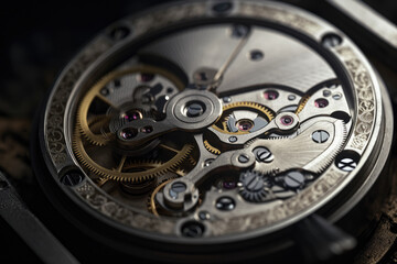 Detailed view of minuscule gear wheels inside a wristwatch, showcasing precision engineering and craftsmanship, generative ai