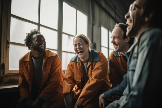 diverse group of factory workers laughing and exchanging stories next to a large window overlooking the factory floor, generative ai