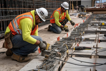 Electricians working on a large-scale construction project, installing wiring and electrical systems, generative ai