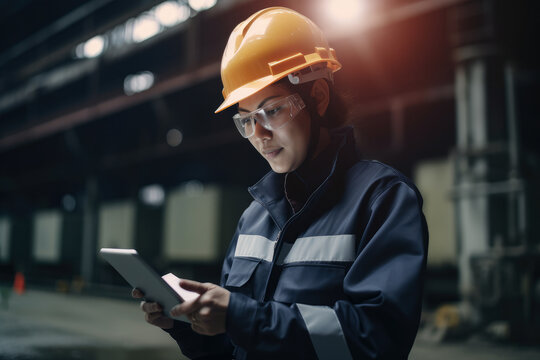 Engineer Analyzing Petrochemical Plant Data On A Tablet While Standing Near Pipelines And Wearing A Hard Hat And Safety Glasses, Generative Ai