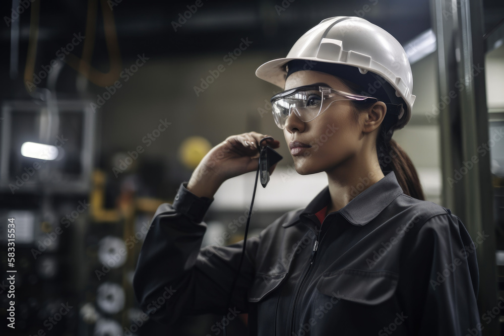 Wall mural female engineer inspecting machinery on factory floor, generative ai