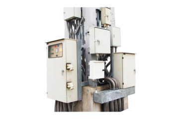 Communication tower telephone pole telecommunication of 4G and 5G cellular. Isolated on cutout PNG. Wireless communication technology installed on large electric pole.  Smart antennas mounted.