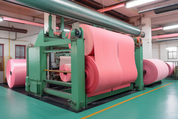 Fiberglass insulation production line, with machinery creating pink batts for residential and commercial use, generative ai
