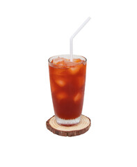 Tea lemon cocktail cola with ice on tall glass on small brown chopping board with white drinking straw. Isolated on cutout PNG. This refreshing summer drink with sweet and sour taste is popular.