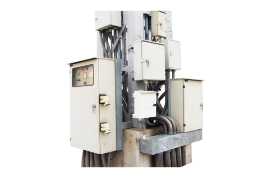 Communication tower telephone pole telecommunication of 4G and 5G cellular. Isolated on cutout PNG. Wireless communication technology installed on large electric pole.  Smart antennas mounted.