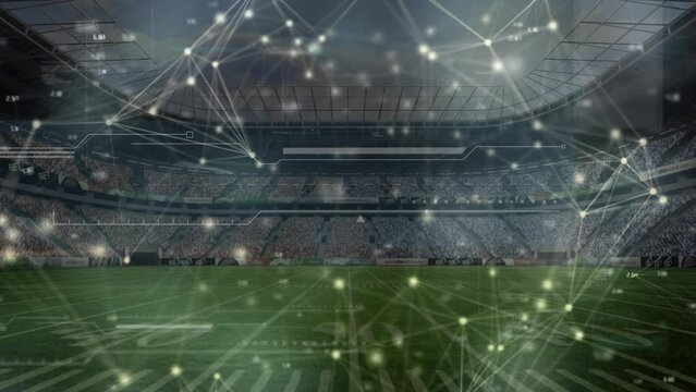 Animation of network of connections and data processing over sports stadium