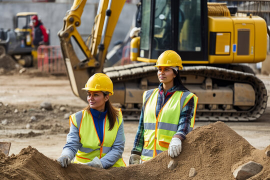 Female workers in hard hats operating heavy machinery in a construction site, generative ai