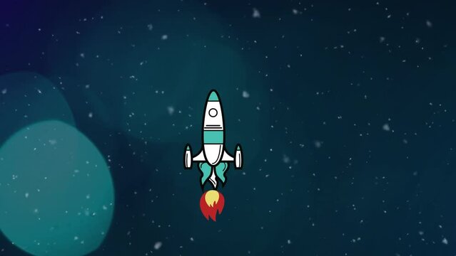 Animation of spaceship taking off over blue spots and stars on blue background
