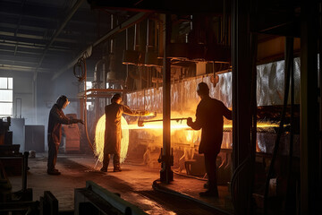 Obraz na płótnie Canvas Glass factory with molten glass being blown and shaped, workers in protective gear handling the delicate material, furnace glowing, generative ai