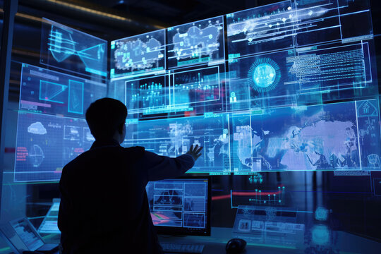 Futuristic Holographic Display Of Oil And Gas Industry Data And Analytics, Monitored By A Scientist In A High-tech Laboratory, Generative Ai