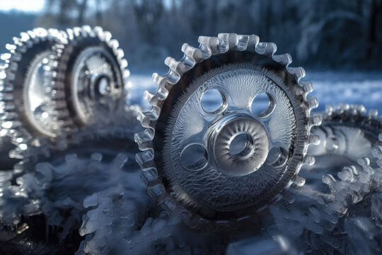 Gear wheels made of ice, intricately connected, set against a frosty, winter landscape, generative ai