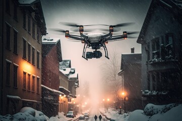 Drone with a camera in an snowy urban environment. Winter time. Generative AI
