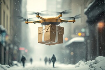 Drone carrying a parcel, winter time, urban city drone delivery. Generative AI