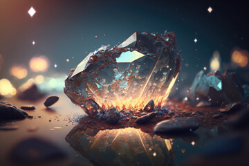 a magical gold crystal with a scattering of fragments around on a blurred background, generative AI